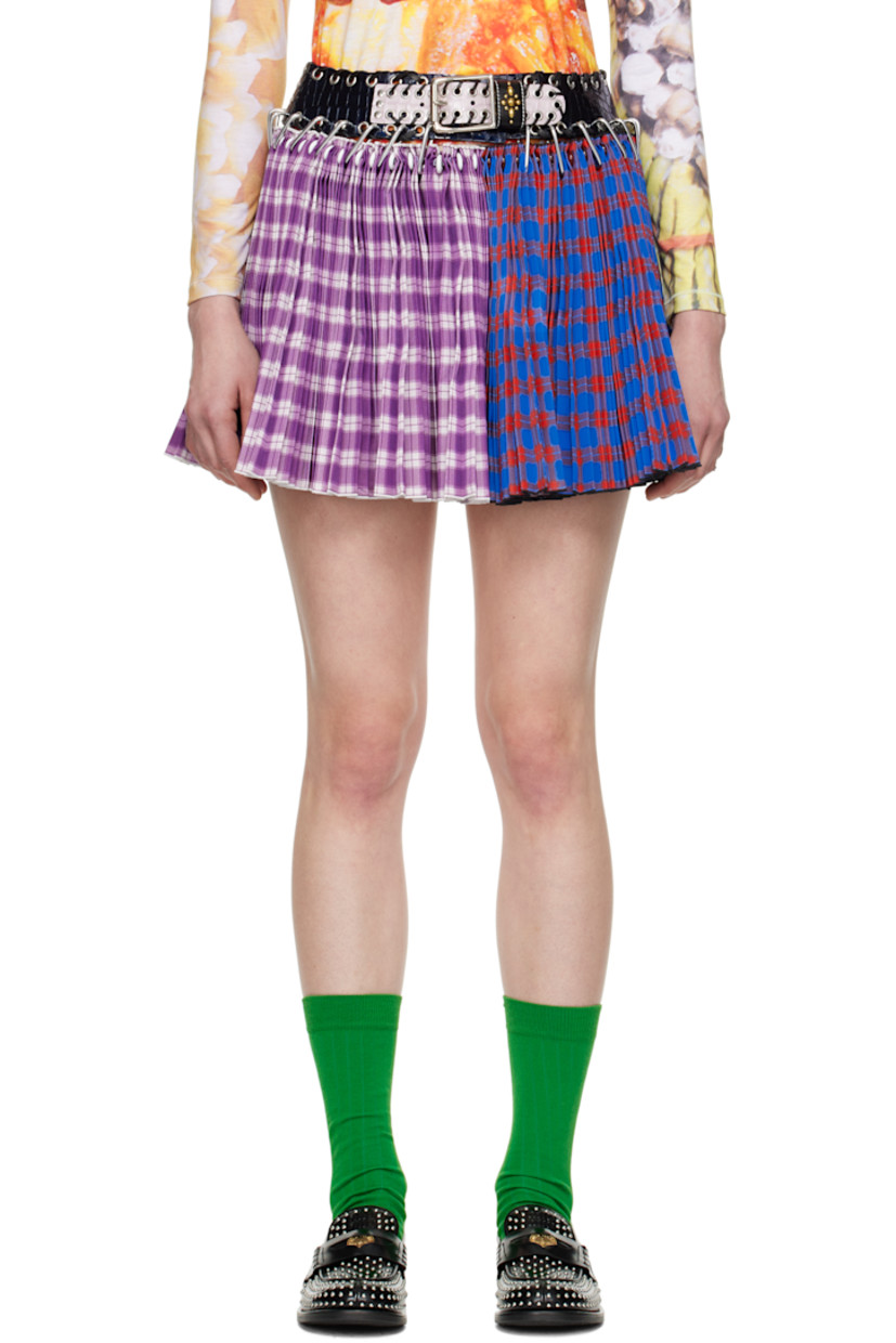Pleated polyester taffeta mini skirt. Check pattern printed throughout.

· Paneled construction
· Detachable belt-style leather waistband with carabiners
· Studs and concealed bungee-style drawstring at waistband

Supplier color: Multi