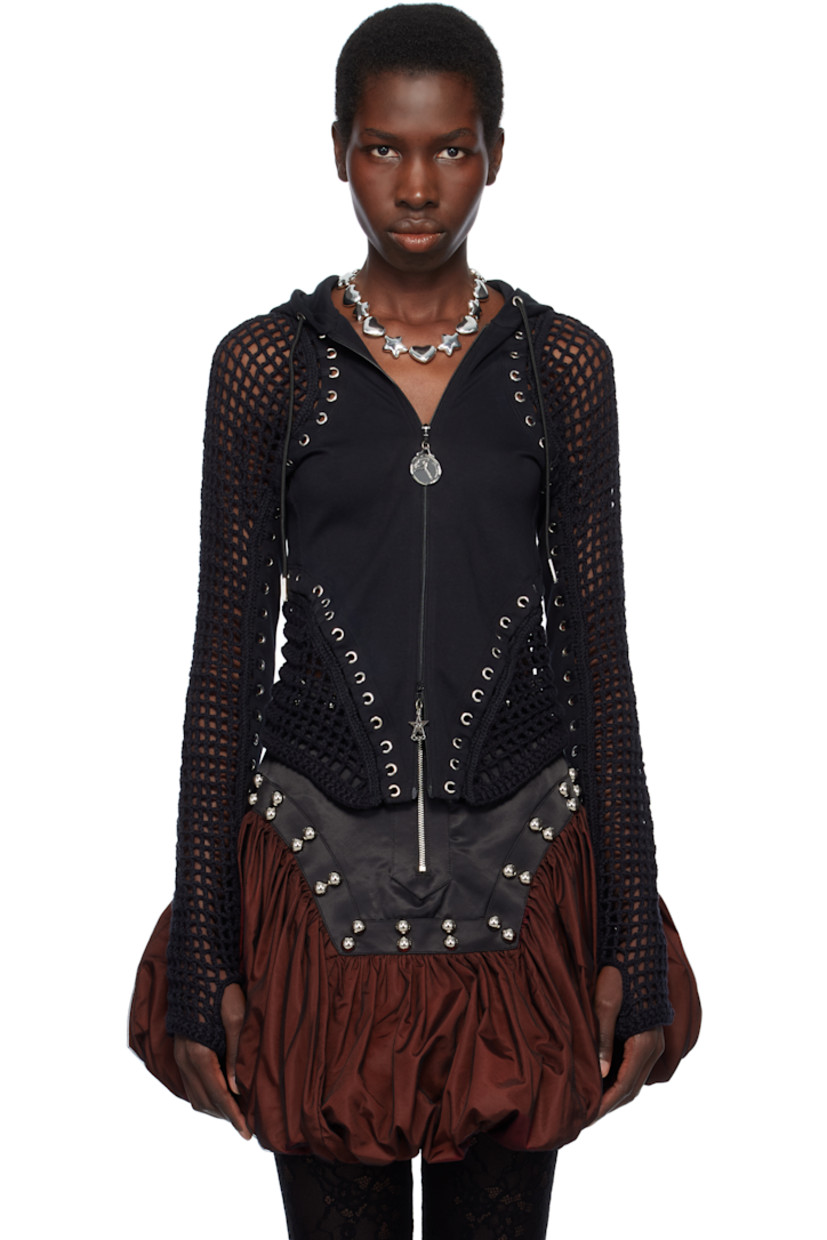 Crocheted cotton and jersey hoodie. Grommets throughout.

· Paneled construction
· Drawstring at hood
· Logo charms at two-way zip closure
· Silver-tone hardware

Supplier color: Black