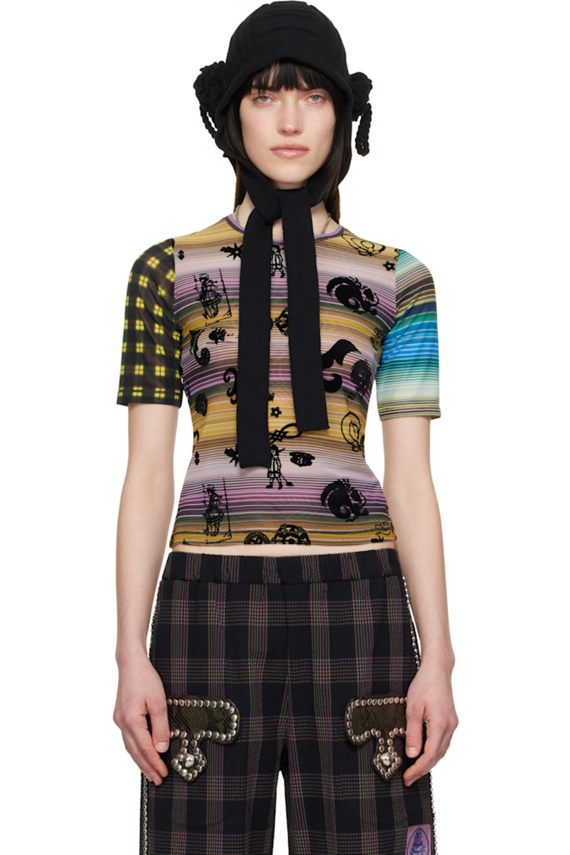 Semi-sheer stretch recycled nylon mesh T-shirt. Stripes and check pattern printed throughout.

· Crewneck
· Graphic pattern flocked at front and back 

Supplier color: Multi