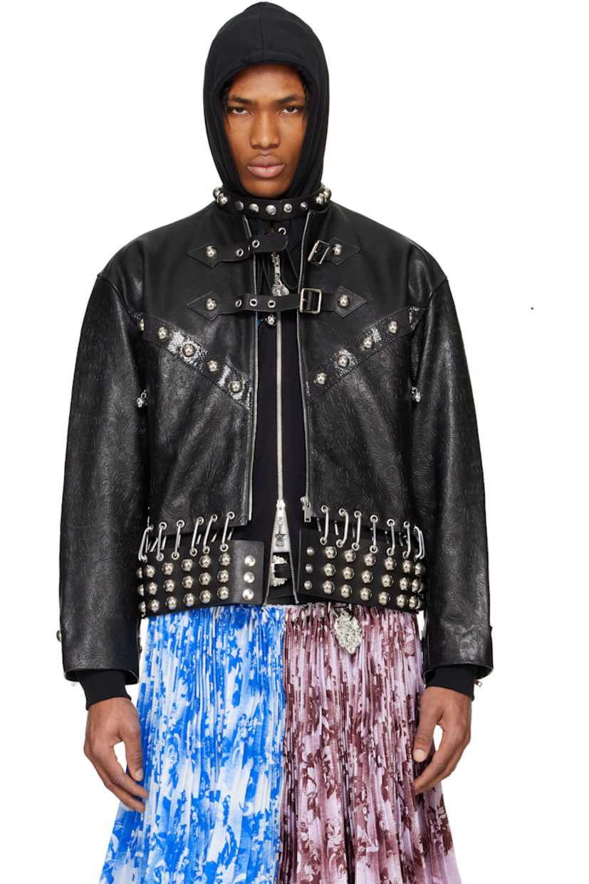 Buffed lambskin jacket. Studs and embossed floral pattern throughout. 

· Paneled construction
· Press-stud tab at band collar
· Zip closure
· Pin-buckle straps at chest
· Zip pockets
· Detachable carabiners with press-stud belt at hem
· Lace-up detailing at side seams
· Pin-buckle tab at cuffs
· Zip expansion panel at cuffs
· Full satin lining

Supplier color: Black