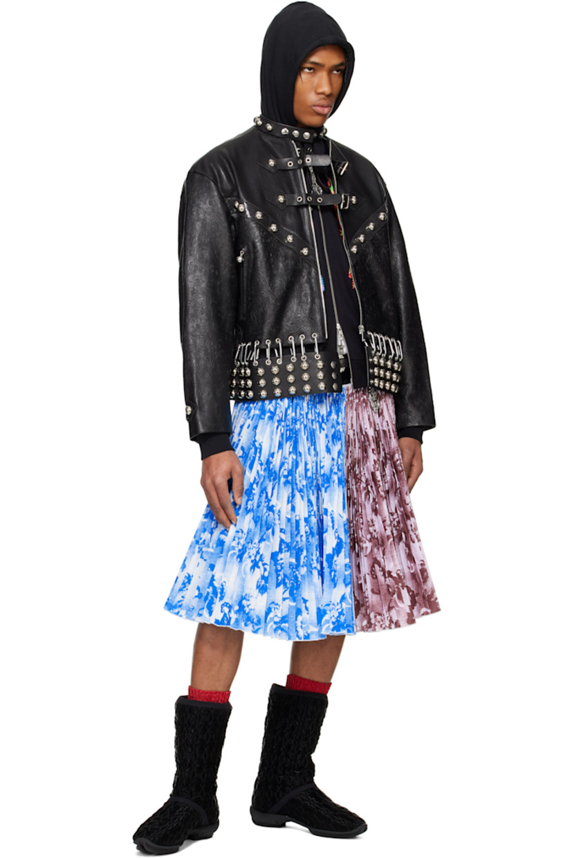 Buffed lambskin jacket. Studs and embossed floral pattern throughout. 

· Paneled construction
· Press-stud tab at band collar
· Zip closure
· Pin-buckle straps at chest
· Zip pockets
· Detachable carabiners with press-stud belt at hem
· Lace-up detailing at side seams
· Pin-buckle tab at cuffs
· Zip expansion panel at cuffs
· Full satin lining

Supplier color: Black