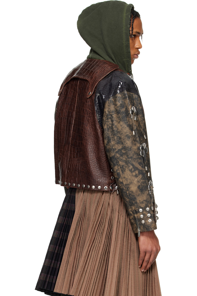 Croc-embossed, snake-embossed, and grained lambskin jacket. Smudging and studs throughout. 

· Paneled construction
· Round neck 
· Zip closure
· Zip and flap pockets
· Lace-up detailing at side seams
· Floral hardware at sleeves
· Adjustable press-stud tab at cuffs
· Zip expansion panel at cuffs
· Press-stud storm flap at back collar
· Full satin lining
· Silver-tone hardware

Supplier color: Brown/Black