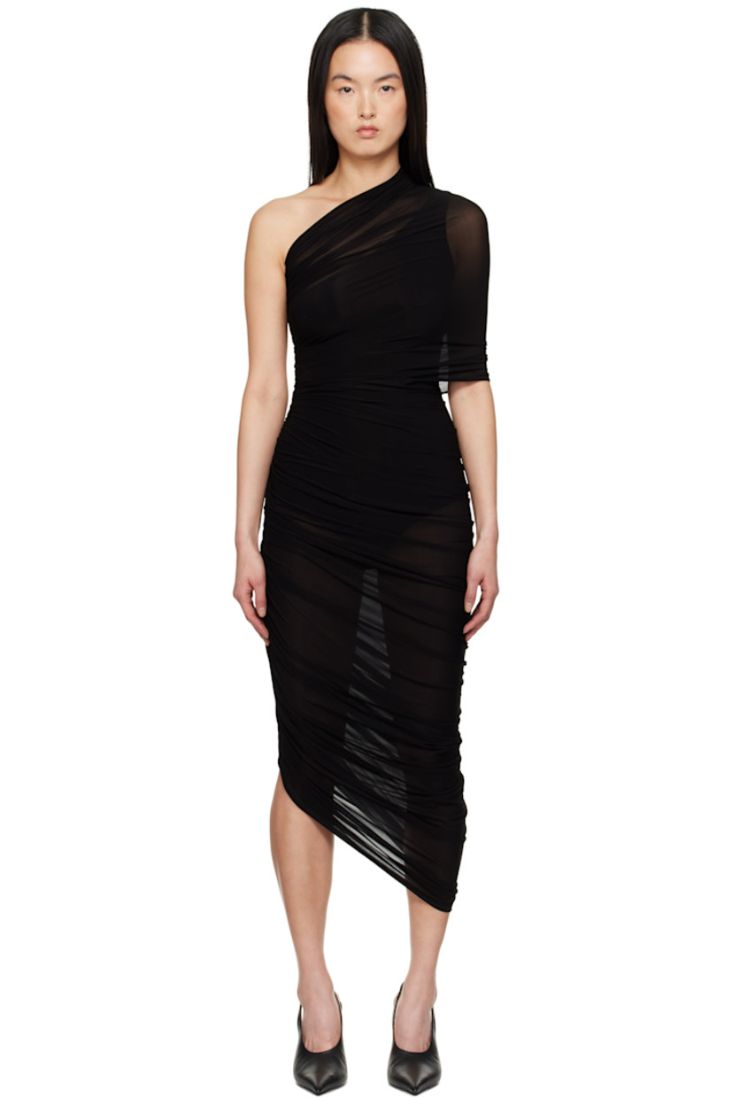 Sheer stretch cupro jersey midi dress. Includes single-shoulder bodysuit.

· Draping and ruching throughout
· Single-shoulder construction
· Asymmetric hem 
· Concealed zip closure at side seam

Supplier color: Black