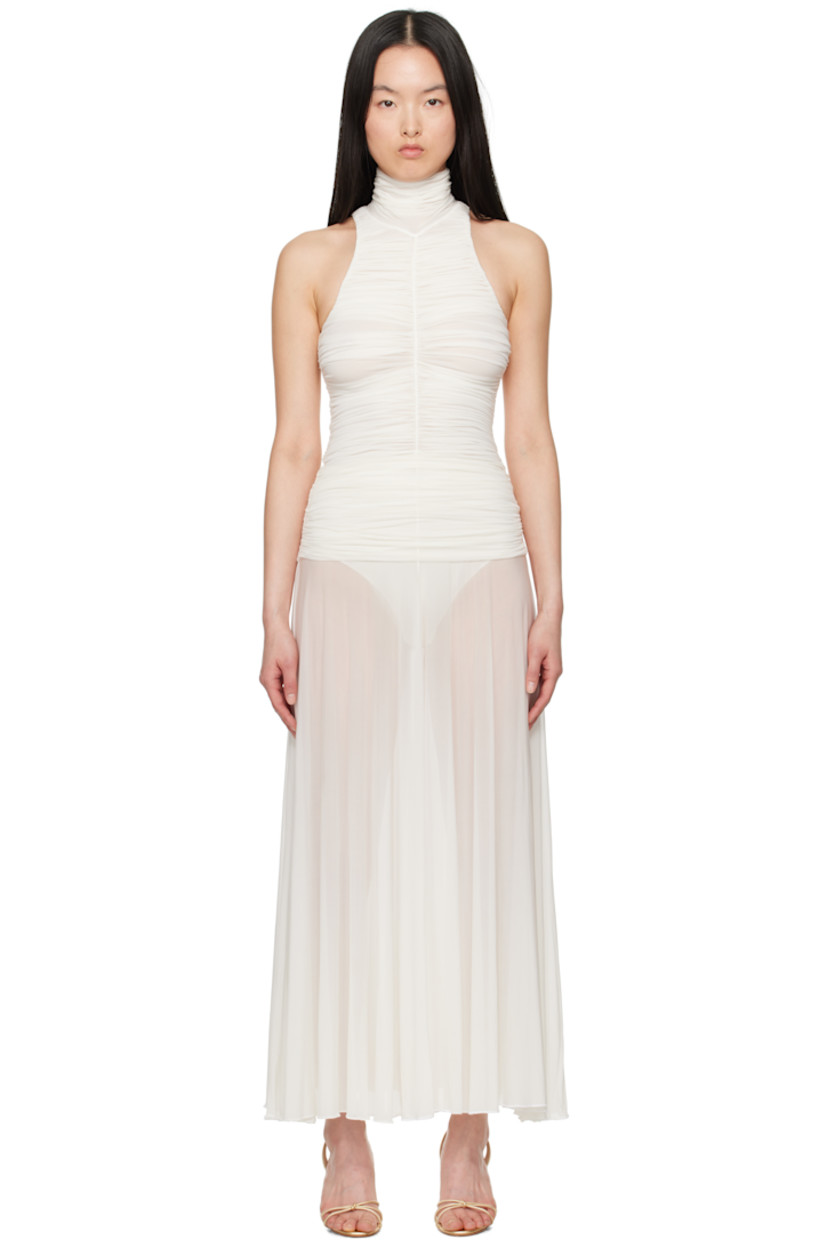 Semi-sheer stretch viscose jersey and stretch cupro jersey maxi dress. 

· Layered construction
· Draping at mock neck
· Ruching at bodice
· Concealed zip closure at back collar

Supplier color: White