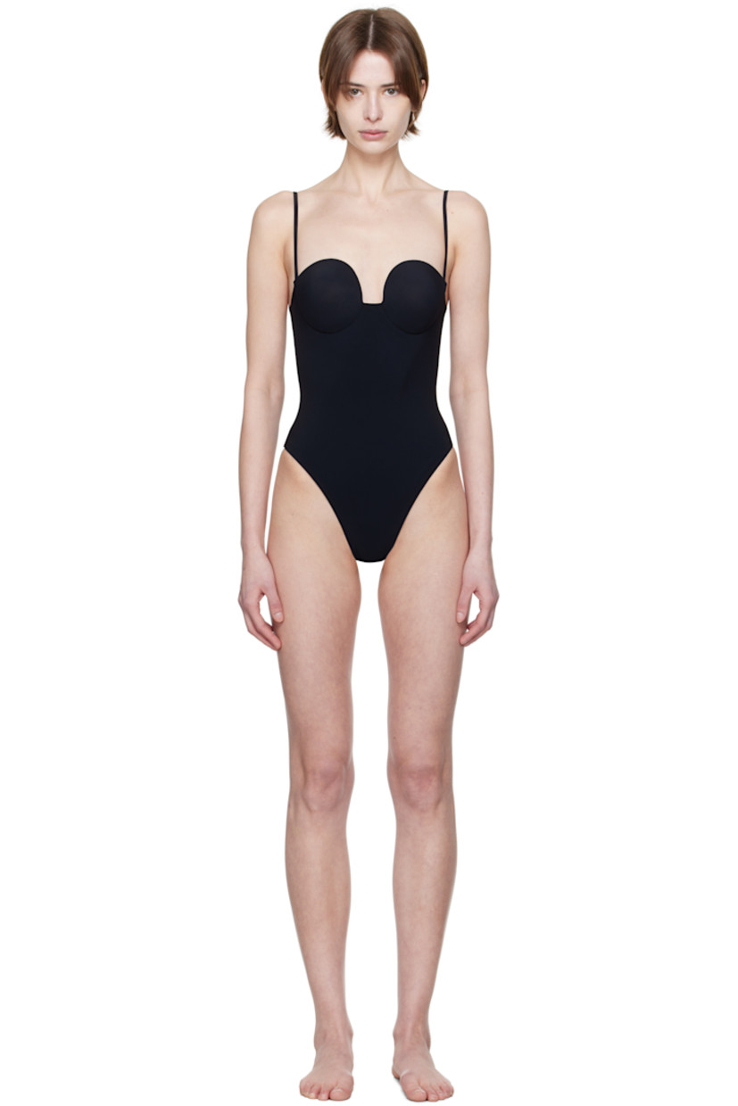 Stretch nylon jersey one-piece swimsuit.

· Sweetheart neck
· Underwire at cups
· Adjustable shoulder straps
· Low back

Supplier color: Black
