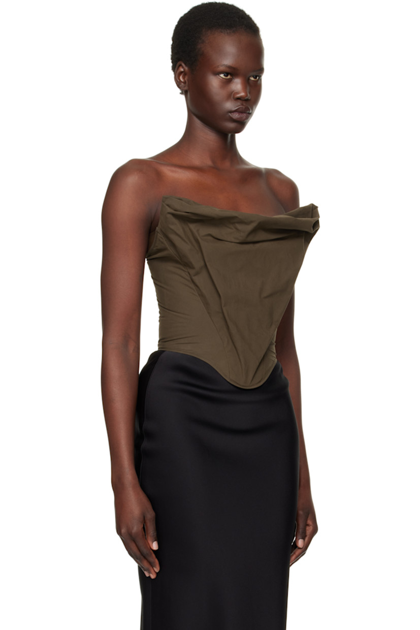 Cotton-blend poplin corset.

· Strapless construction
· Draping at modified sweetheart neck
· Zip closure at back
· Partial silk lining

Supplier color: Brown