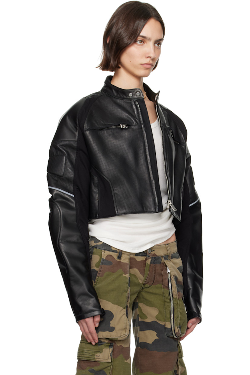 Grained lambskin jacket. Perforations and reflective trim throughout.

· Paneled construction 
· Adjustable press-stud fastening at band collar
· Zip closure
· Zip pockets
· Cropped hem
· Padded shoulders and sleeves
· Zip vent and velcro strap at cuffs
· Locker loop at back collar
· Zip pocket at interior
· Full mesh lining 

Supplier color: Black