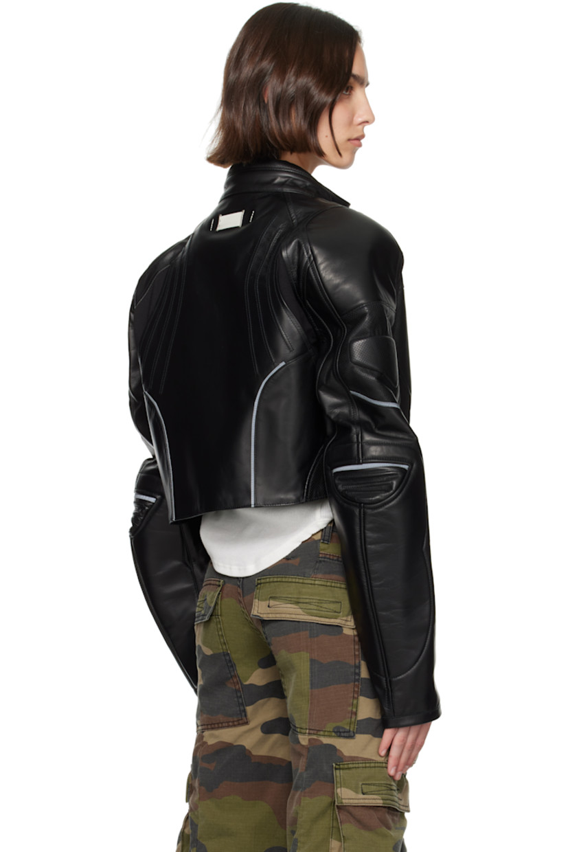 Grained lambskin jacket. Perforations and reflective trim throughout.

· Paneled construction 
· Adjustable press-stud fastening at band collar
· Zip closure
· Zip pockets
· Cropped hem
· Padded shoulders and sleeves
· Zip vent and velcro strap at cuffs
· Locker loop at back collar
· Zip pocket at interior
· Full mesh lining 

Supplier color: Black