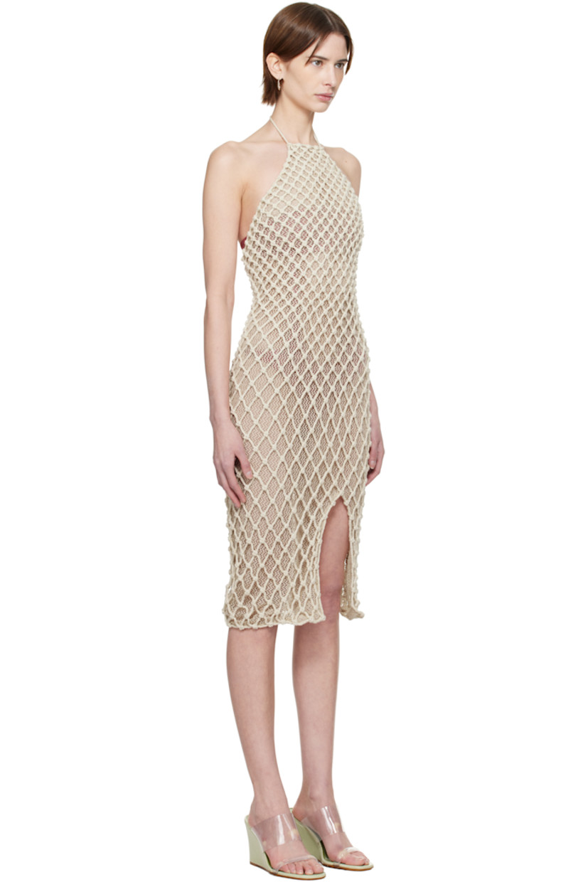 Handcrafted open-knit cotton midi dress.

· Vent at front hem
· Self-tie halter strap
· Open back
· Logo patch at back hem
· Full mesh lining

Wholesale exclusivity at SSENSE.

Supplier color: Beige/Beige