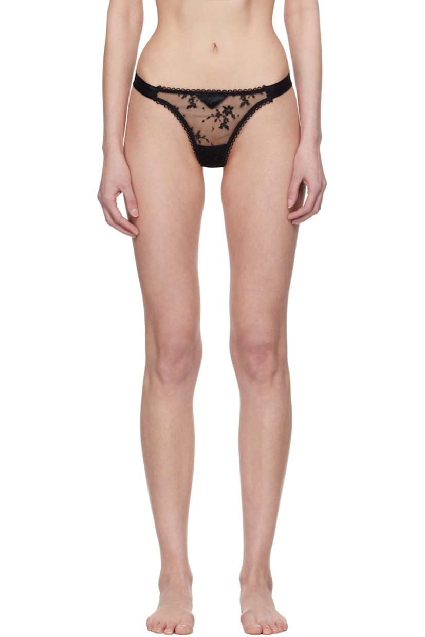 Sheer nylon lace thong.

· Floral pattern and picot trim at front
· Stretch silk satin self-tie closure at back

Supplier color: Black