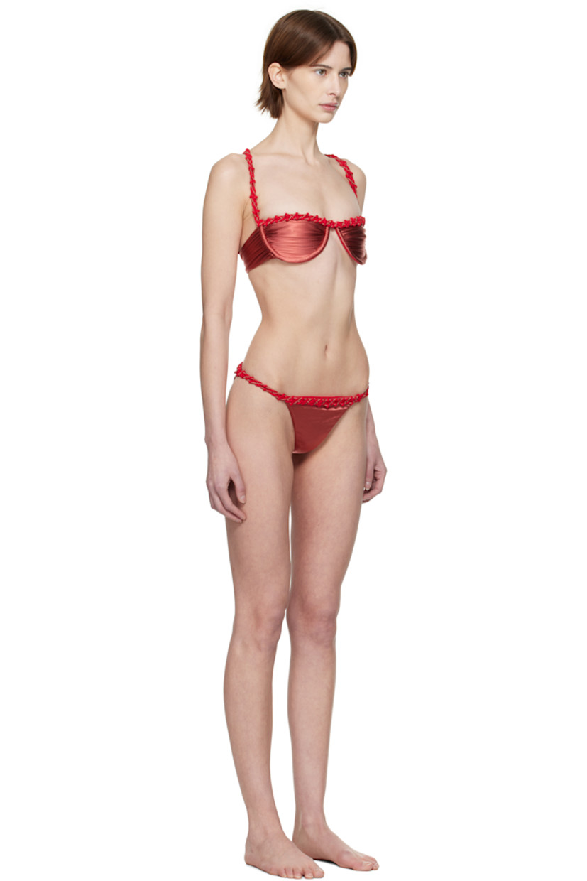 Stretch nylon sateen bikini top. Braided trim throughout.

· Straight neck
· Ruching and underwire at cups
· Crisscrossing shoulder straps
· Logo-engraved clasp closure at back
· Fully lined

Stretch nylon jersey bikini bottoms. 

· Braided trim at elasticized waistband
· Fully lined

Available exclusively at SSENSE.

Supplier color: Cherry red