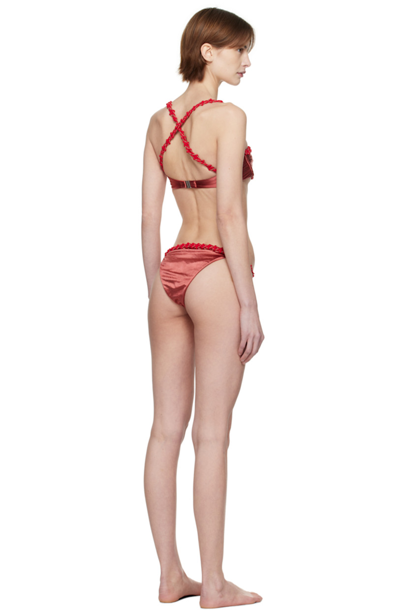 Stretch nylon sateen bikini top. Braided trim throughout.

· Straight neck
· Ruching and underwire at cups
· Crisscrossing shoulder straps
· Logo-engraved clasp closure at back
· Fully lined

Stretch nylon jersey bikini bottoms. 

· Braided trim at elasticized waistband
· Fully lined

Available exclusively at SSENSE.

Supplier color: Cherry red
