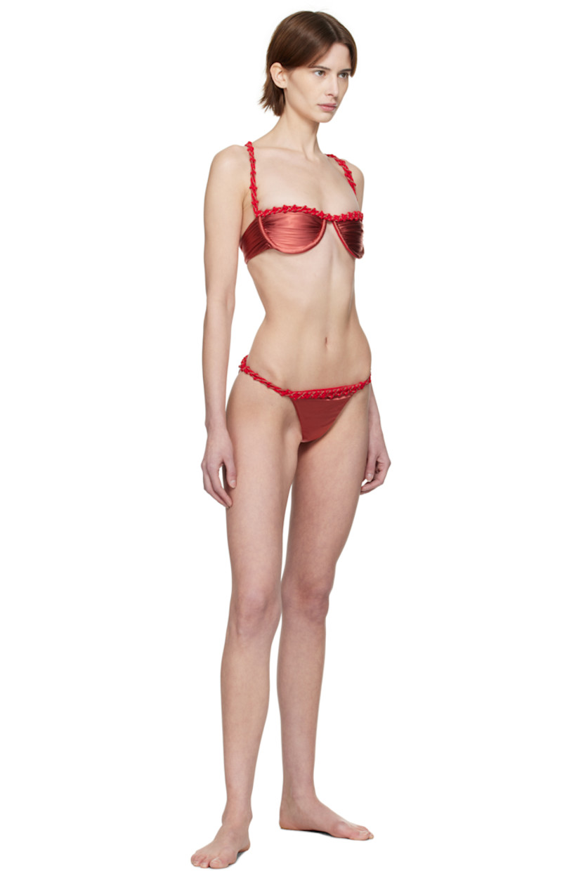 Stretch nylon sateen bikini top. Braided trim throughout.

· Straight neck
· Ruching and underwire at cups
· Crisscrossing shoulder straps
· Logo-engraved clasp closure at back
· Fully lined

Stretch nylon jersey bikini bottoms. 

· Braided trim at elasticized waistband
· Fully lined

Available exclusively at SSENSE.

Supplier color: Cherry red