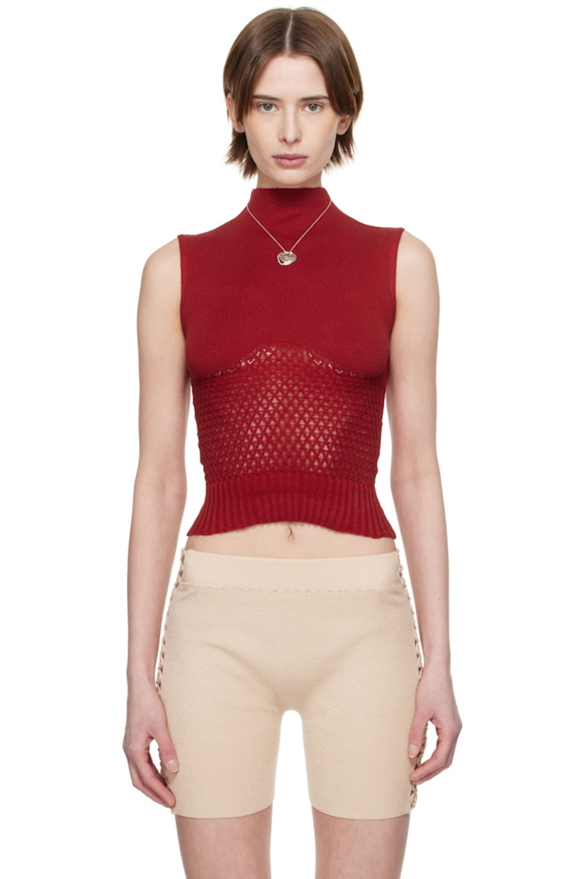 Handcrafted rib- and open-knit stretch acrylic top. 

· Mock neck
· Logo patch at back hem

Wholesale exclusivity at SSENSE.

Supplier color: Chilli