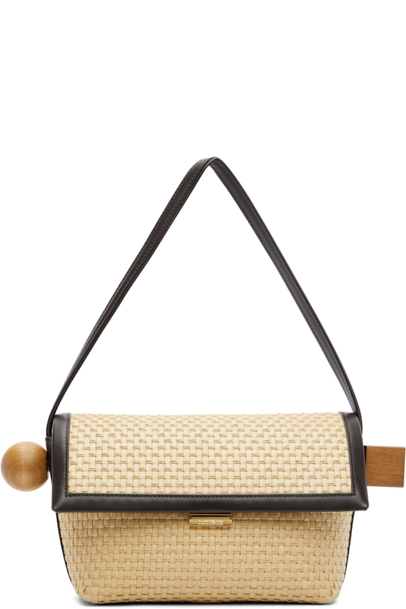 Woven cotton and grained lambskin shoulder bag.

· Fixed shoulder strap
· Logo-embossed card slot at back 
· Wooden hardware at sides
· Press-release flap closure
· Zip pocket at two-compartment interior 
· Patch pocket 
· Cotton twill lining
· Gold-tone hardware
· H6" x W10.5" x D4.5"

Part of the La Croisière collection. 

Supplier color: Natural/Dark brown