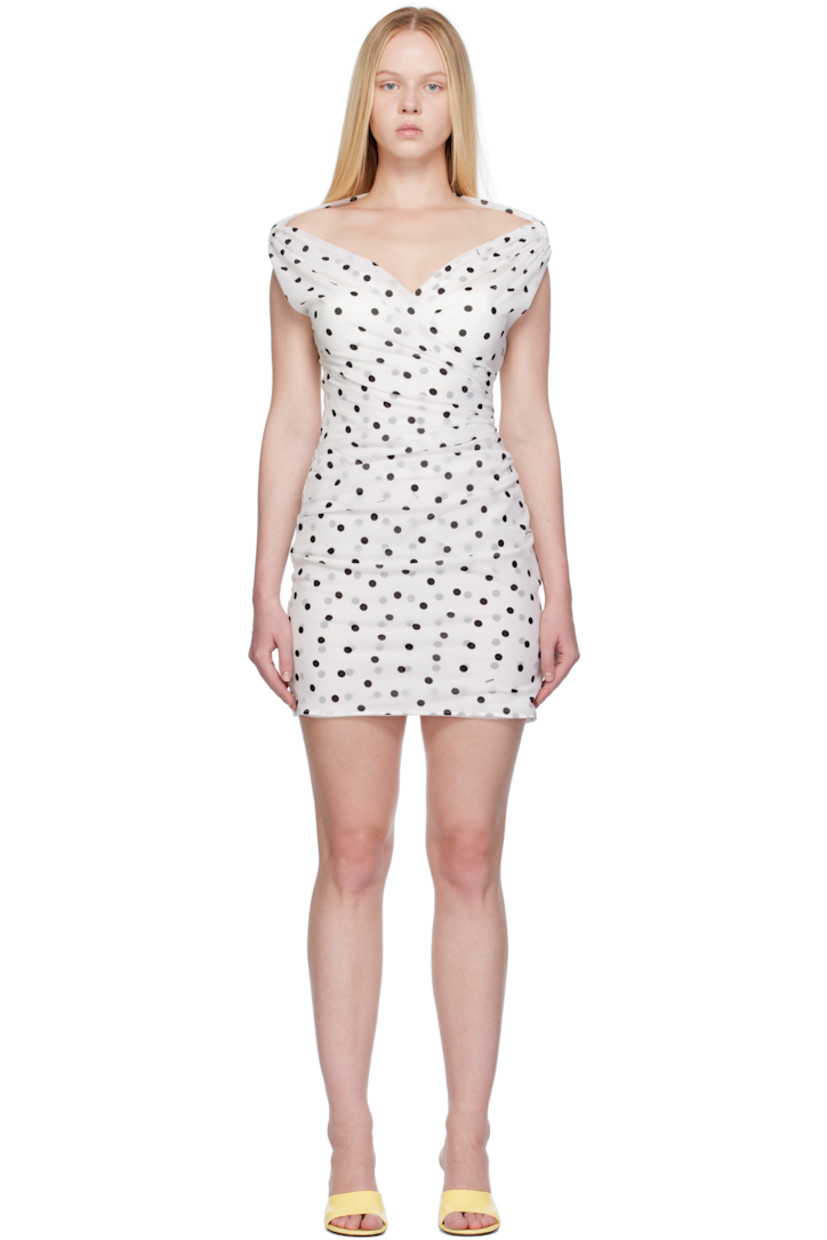 Stretch nylon- and silk-blend satin minidress. Polka-dot and logo pattern printed throughout.

· Off-the-shoulder and draped construction
· V-neck
· Underwire at padded cups
· Ruching at side seams
· Zip closure at side seam
· Full mesh lining

Part of the La Croisière collection.

Supplier color: Print dots logo white/Black