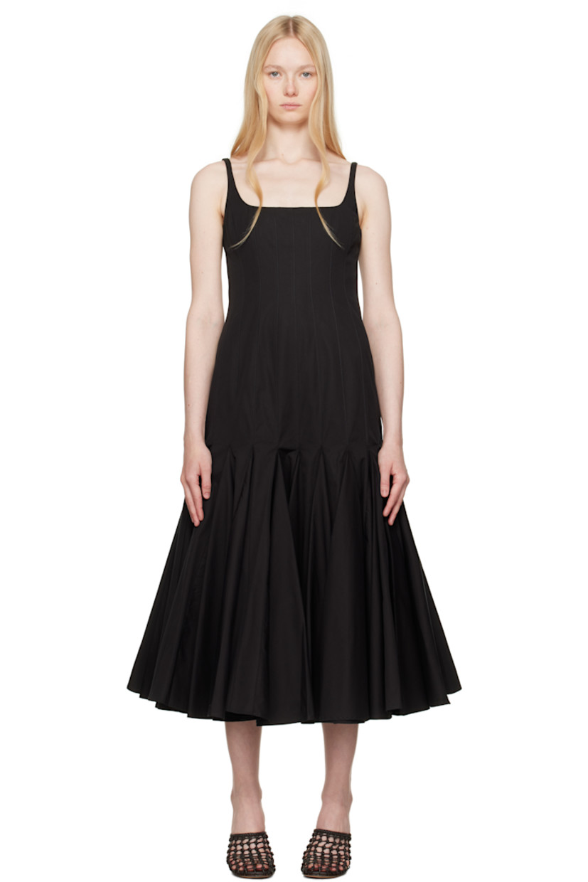 Cotton poplin midi dress. 

· Square neck
· Darts at bodice
· Godet panels at flared hem 
· Fixed shoulder straps
· Concealed zip closure at back
· Full cotton-blend tulle lining

Part of the La Croisière collection.

Supplier color: Black