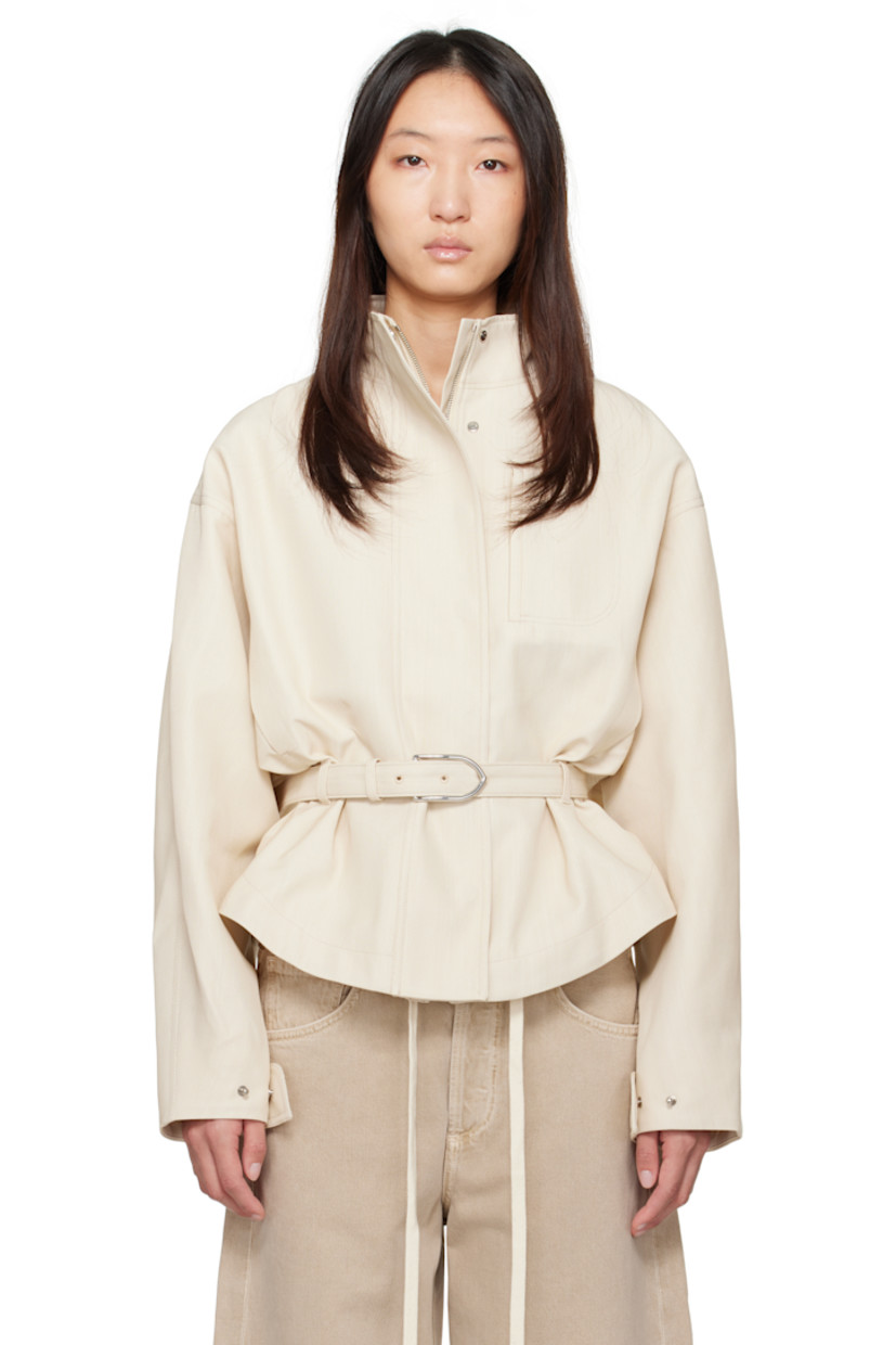 Polyester- and virgin wool-blend oxford cloth jacket.

· Stand collar
· Zip closure and press-stud placket
· Zip pocket at chest
· Welt pockets
· Belt loops
· Detachable pin-buckle belt
· Curved hem
· Dropped shoulders
· Adjustable post-stud fastening at cuffs
· Locker loop at back collar
· Pleats at back
· Full satin twill lining

Part of the La Croisière collection.

Supplier color: Light beige