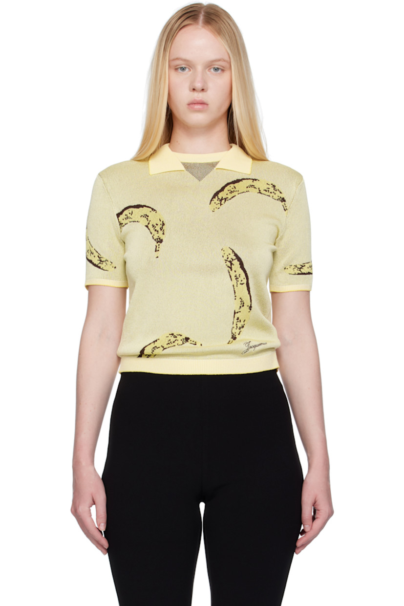 Stretch knit viscose-blend polo. Jacquard graphic pattern throughout.

· Rib-knit spread collar, hem, and cuffs
· Embroidered logo at front hem 

Part of the La Croisière collection.

Supplier color: Banana jacquard