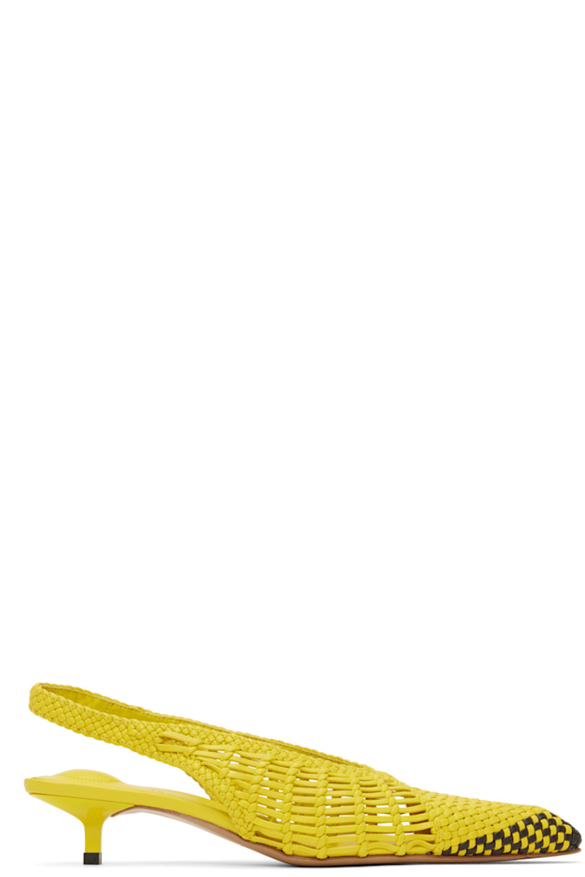 Hand-woven buffed lambskin heels in yellow. 

· Pointed toe
· Partially elasticized slingback strap
· Padded logo-embossed lambskin footbed
· Buffed lambskin lining
· Lacquered kitten heel 
· Leather sole with rubber injections
· Heel: H1.75"

Part of the La Croisière collection. 

Supplier color: Yellow