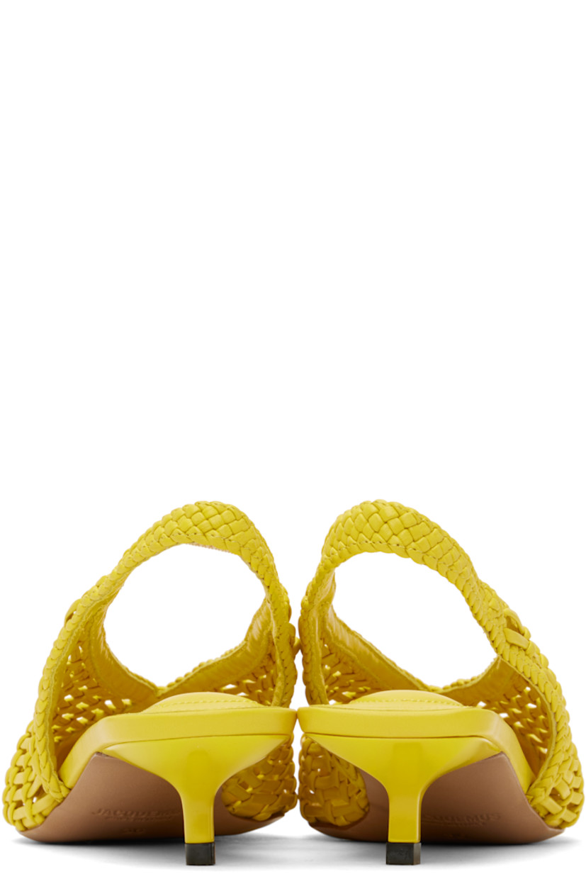 Hand-woven buffed lambskin heels in yellow. 

· Pointed toe
· Partially elasticized slingback strap
· Padded logo-embossed lambskin footbed
· Buffed lambskin lining
· Lacquered kitten heel 
· Leather sole with rubber injections
· Heel: H1.75"

Part of the La Croisière collection. 

Supplier color: Yellow