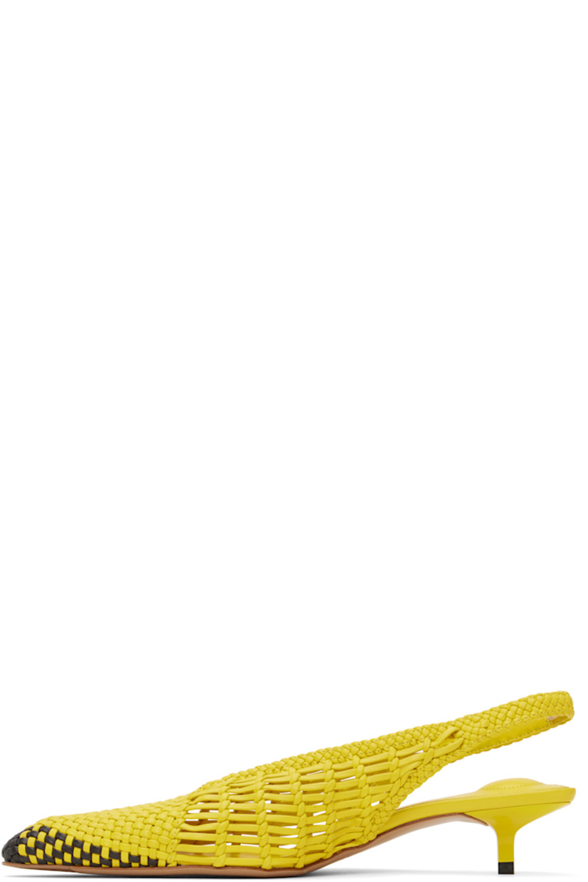 Hand-woven buffed lambskin heels in yellow. 

· Pointed toe
· Partially elasticized slingback strap
· Padded logo-embossed lambskin footbed
· Buffed lambskin lining
· Lacquered kitten heel 
· Leather sole with rubber injections
· Heel: H1.75"

Part of the La Croisière collection. 

Supplier color: Yellow