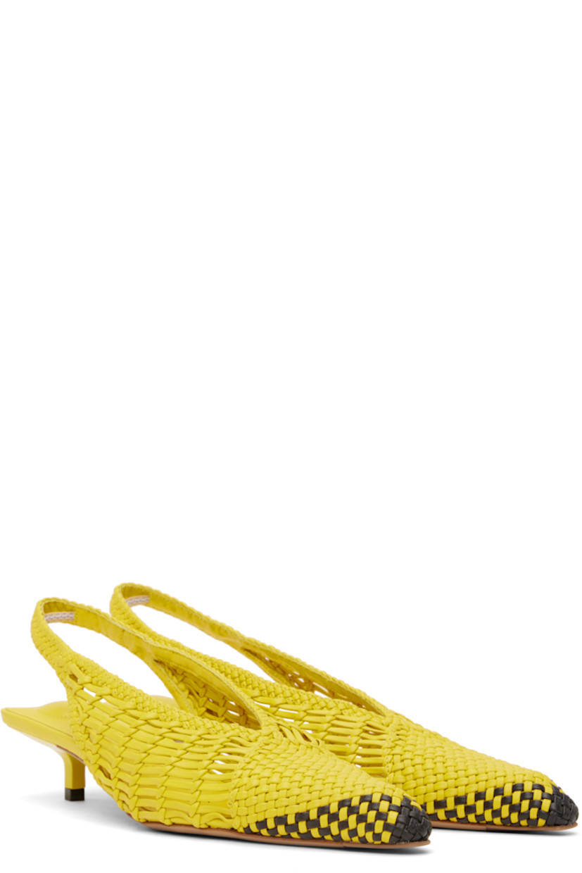 Hand-woven buffed lambskin heels in yellow. 

· Pointed toe
· Partially elasticized slingback strap
· Padded logo-embossed lambskin footbed
· Buffed lambskin lining
· Lacquered kitten heel 
· Leather sole with rubber injections
· Heel: H1.75"

Part of the La Croisière collection. 

Supplier color: Yellow