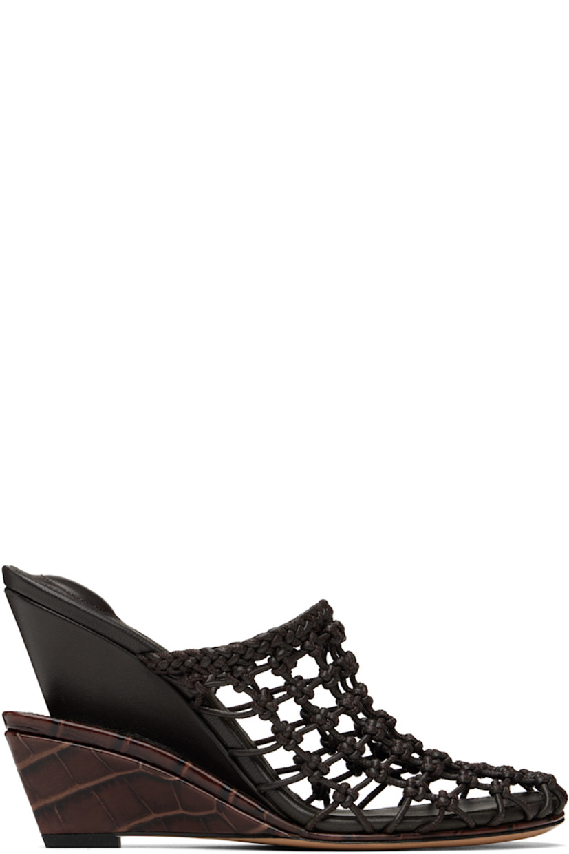 Hand-woven buffed lambskin mules in tones of brown.

· Padded logo-embossed lambskin footbed 
· Modified wedge heel with rubber injection 
· Sculptural snakeskin-embossed leather midsole
· Leather sole 
· Heel: H4"

Part of the La Croisière collection. 

Supplier color: Dark brown