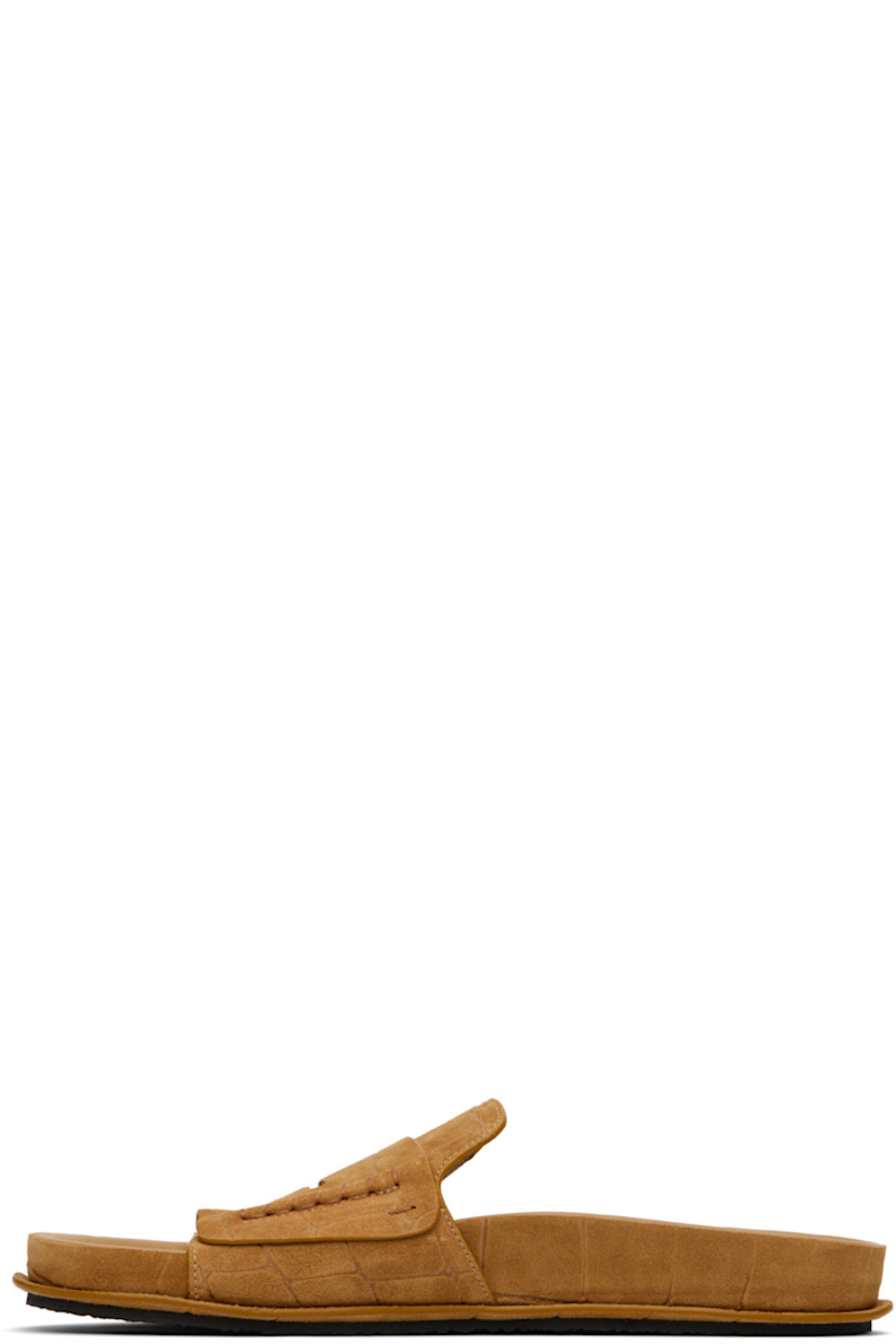 Croc-embossed suede flat sandals.

· Hand-stitched detailing throughout
· Open toe
· Strap with cutout at vamp
· Logo-embossed molded lambskin footbed
· Crêpe-rubber sole

Supplier color: Camel