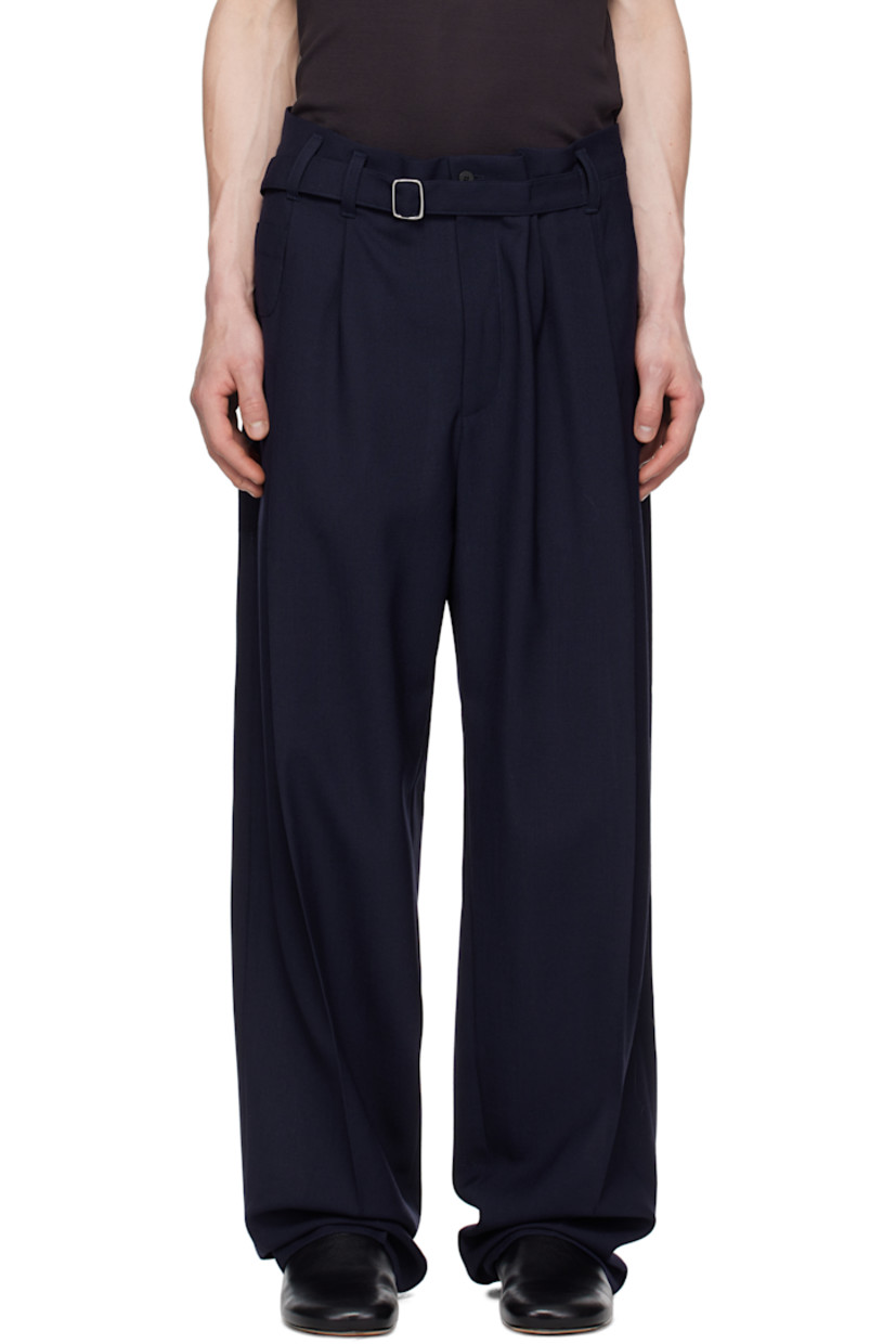 Wide-leg wool delaine trousers.

· Mid-to-high rise
· Belt loops and integrated cinch belt
· Five-pocket styling
· Zip fly
· Pleats at front

Part of the La Croisière collection.

Supplier color: Navy