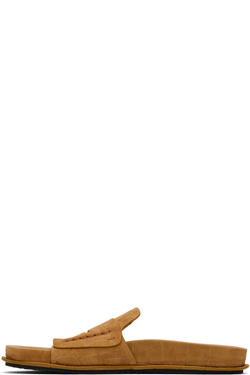 Croc-embossed suede flat sandals.

· Hand-stitched detailing throughout
· Open toe
· Strap with cutout at vamp
· Logo-embossed molded lambskin footbed
· Crêpe-rubber sole

Supplier color: Camel