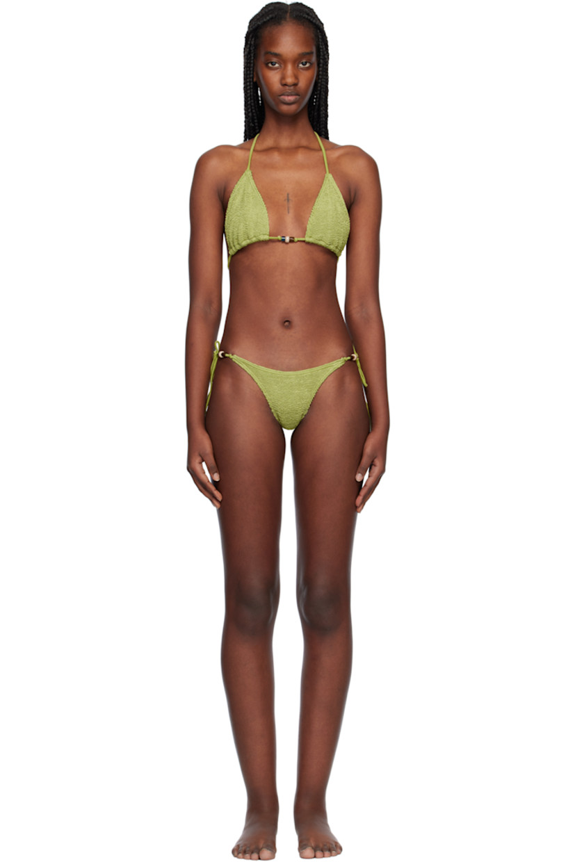 Shirred stretch recycled nylon-blend Authentic Crinkle™ jersey bikini top.

· Self-tie halter neck
· Beaded detailing at chest
· Self-tie fastening at back
· Unlined

Shirred stretch recycled nylon-blend Authentic Crinkle™ jersey bikini bottom. 

· Low-rise
· Beaded detailing at self-tie fastenings
· Unlined

Supplier color: Herbal shimmer