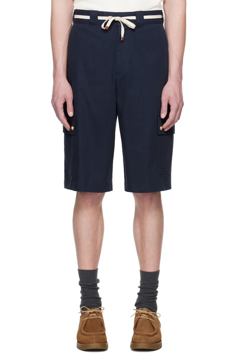 Stretch cotton herringbone twill shorts.

· Belt loops
· Detachable self-tie belt
· Four-pocket styling
· Zip fly
· Creased legs
· Flap pocket at outseams
· Logo-engraved gold-tone hardware

Supplier color: Navy