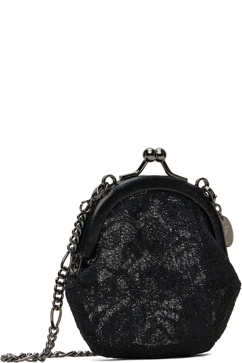 Rigid and sheer embroidered lace pouch.

· Grained leather trim throughout
· Detachable curb chain carry handle
· Detachable curb chain shoulder strap
· Kiss-lock closure
· Unlined 
· H3" x W3" x D0.75"

Part of the discord YOHJI YAMAMOTO collection.

Supplier color: Black