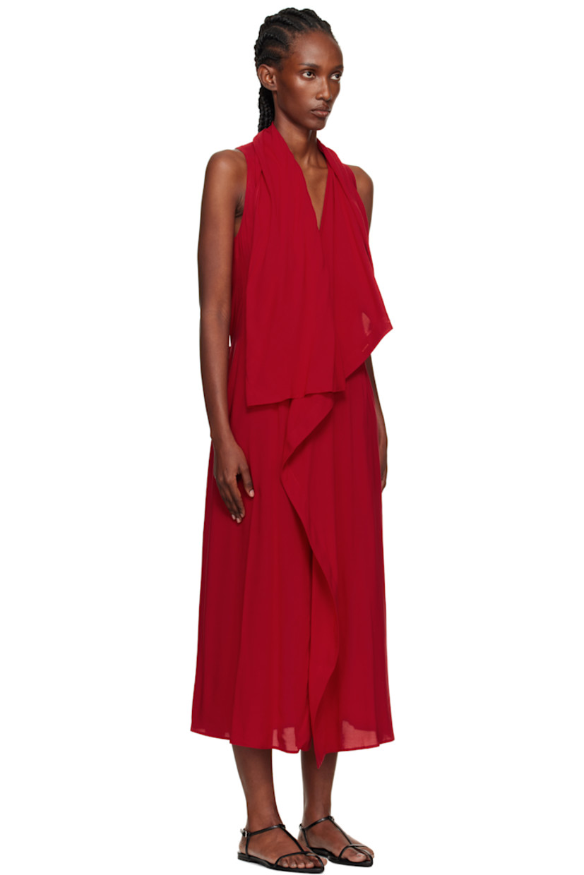 Plain-woven maxi dress.

· Draped construction
· Plunging V-neck
· Button closure
· Inverted box pleat at back
· Cinch straps at back
· Vent at back hem

Supplier color: Red