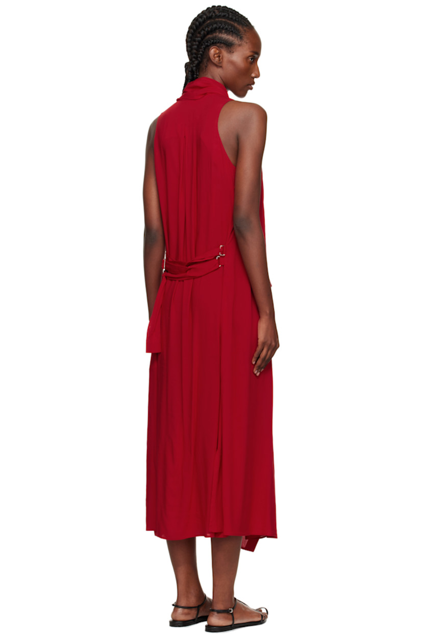 Plain-woven maxi dress.

· Draped construction
· Plunging V-neck
· Button closure
· Inverted box pleat at back
· Cinch straps at back
· Vent at back hem

Supplier color: Red