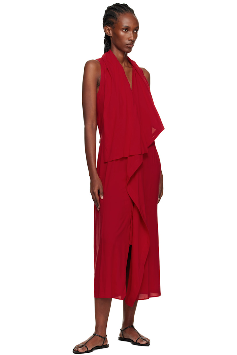 Plain-woven maxi dress.

· Draped construction
· Plunging V-neck
· Button closure
· Inverted box pleat at back
· Cinch straps at back
· Vent at back hem

Supplier color: Red