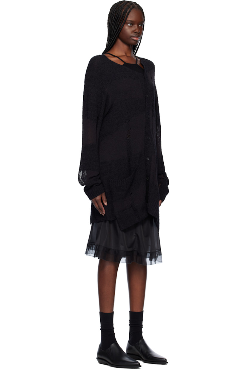 Semi-sheer knit cotton-blend cardigan. Distressing, laddering, and check pattern throughout.

· Asymmetric construction
· Partially rib-knit V-neck
· Rib-knit placket, hem, and cuffs
· Button closure
· Patch pocket
· Vented side seams and back hem
· Dropped shoulders
· Raised seam at back

Part of the Yohji Yamamoto POUR HOMME collection.

Supplier color: Black