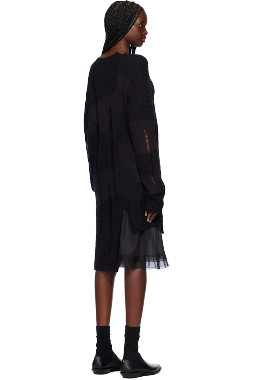 Semi-sheer knit cotton-blend cardigan. Distressing, laddering, and check pattern throughout.

· Asymmetric construction
· Partially rib-knit V-neck
· Rib-knit placket, hem, and cuffs
· Button closure
· Patch pocket
· Vented side seams and back hem
· Dropped shoulders
· Raised seam at back

Part of the Yohji Yamamoto POUR HOMME collection.

Supplier color: Black