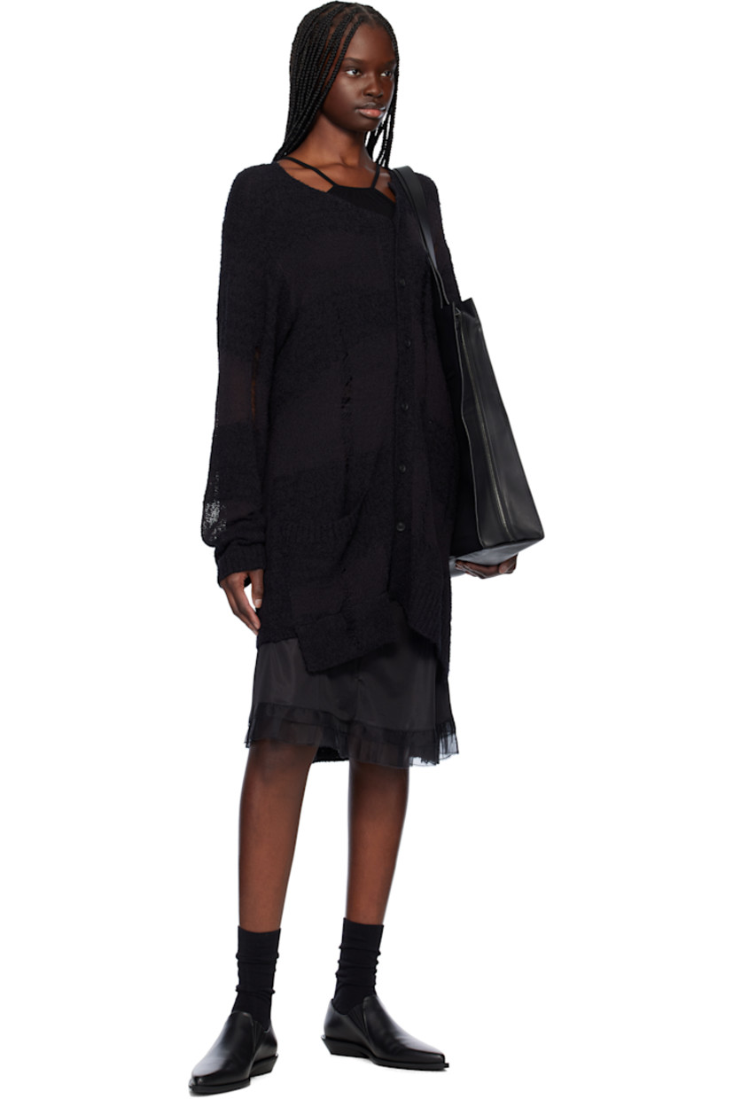 Semi-sheer knit cotton-blend cardigan. Distressing, laddering, and check pattern throughout.

· Asymmetric construction
· Partially rib-knit V-neck
· Rib-knit placket, hem, and cuffs
· Button closure
· Patch pocket
· Vented side seams and back hem
· Dropped shoulders
· Raised seam at back

Part of the Yohji Yamamoto POUR HOMME collection.

Supplier color: Black