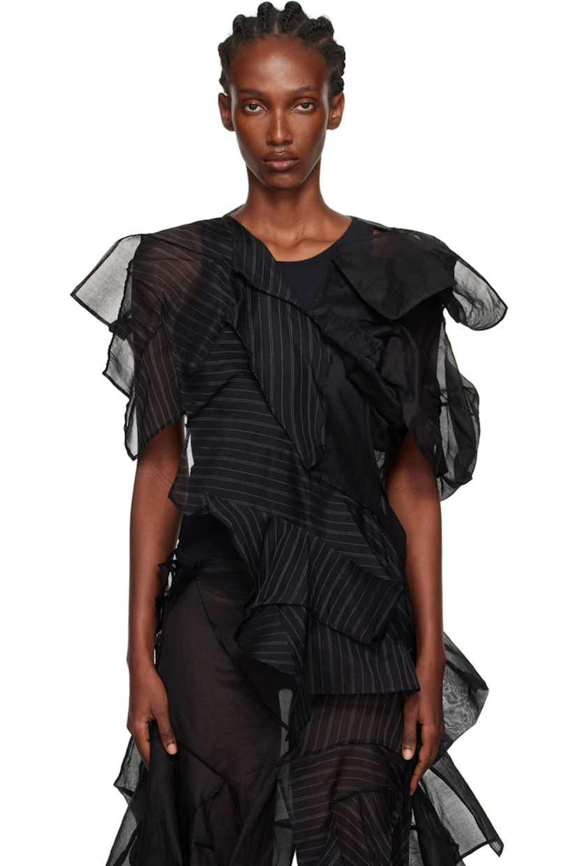 Cotton poplin and sheer cotton- and silk-blend voile blouse.

· Darts and pinstripes throughout
· Asymmetrical construction
· V-neck

Supplier color: Black