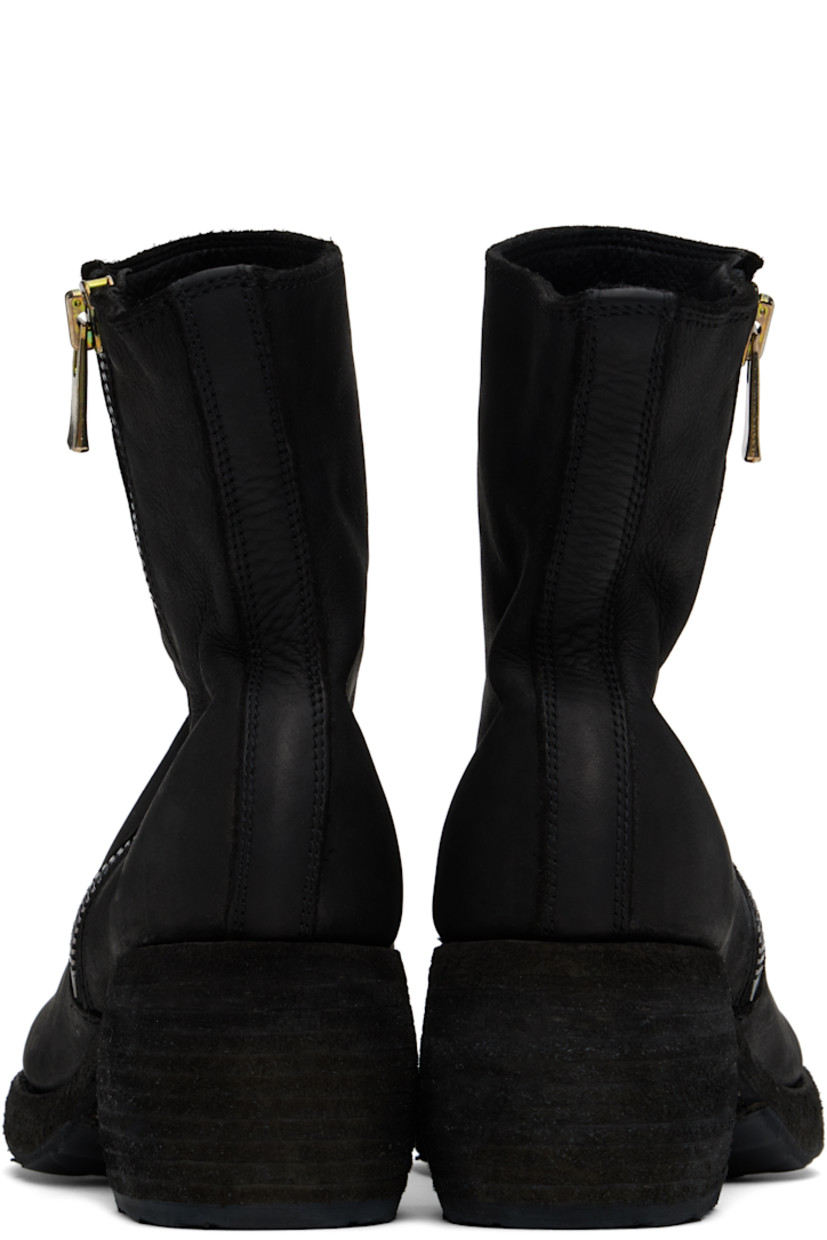 Ankle-high garment-dyed grained leather boots in black.

· Subtle distressing throughout
· Zip closure at outer side
· Stacked leather heel and midsole
· Treaded Vibram® rubber sole
· Heel: H2.25"

Part of the Yohji Yamamoto x Guidi collaboration.

Supplier color: Black