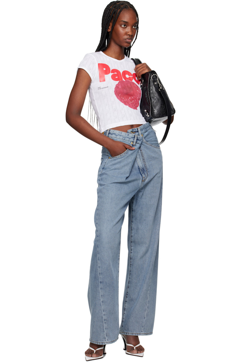 Stretch denim jeans. Fading throughout.

· Belt loops
· Offset hook-eye fastening at waistband
· Five-pocket styling
· Zip-fly
· Dropped inseam
· Leather logo patch at back waistband
· Logo-engraved gold-tone hardware
· Contrast stitching in tan

Supplier color: San fran blue
