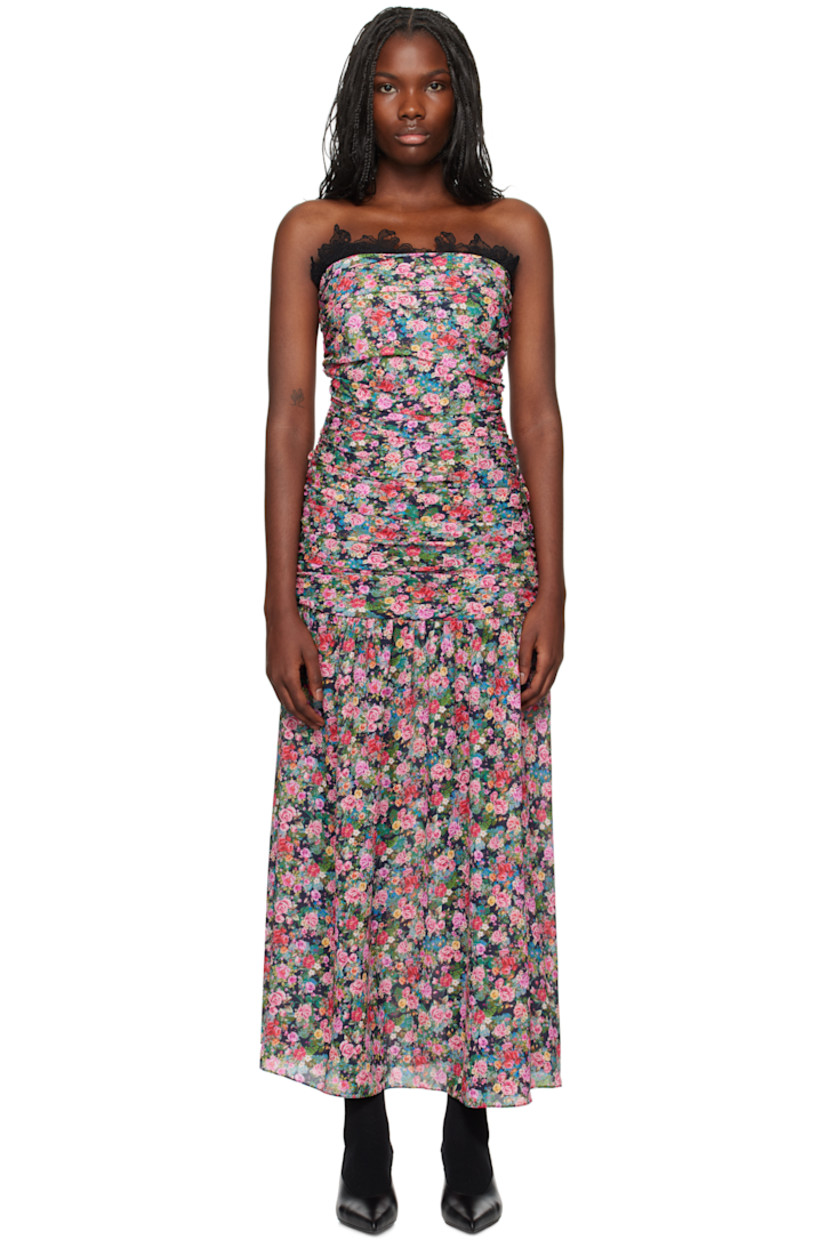 Polyester chiffon maxi dress. Printed floral pattern and ruching throughout.

· Lace trim at sweetheart neck
· Gathering at dropped waist
· Zip closure at back
· Partial satin lining

Supplier color: Green garden