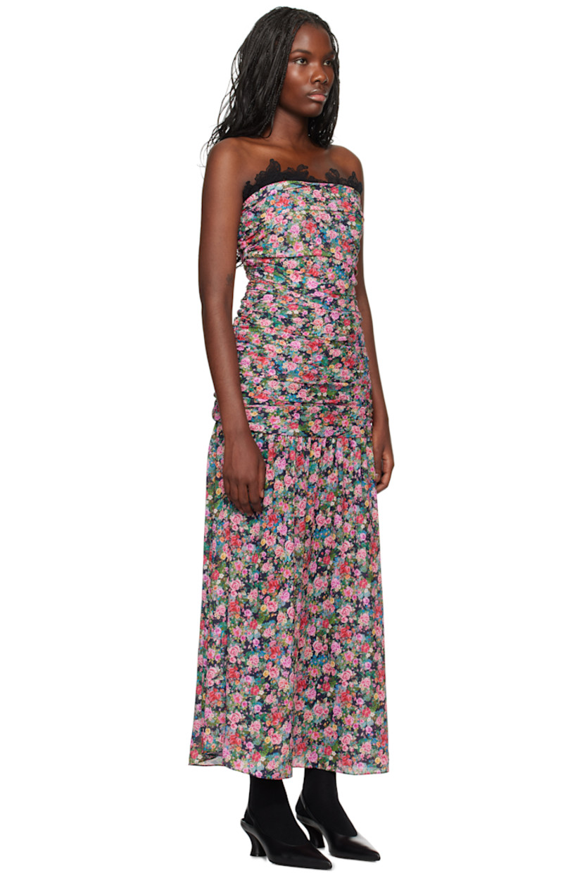 Polyester chiffon maxi dress. Printed floral pattern and ruching throughout.

· Lace trim at sweetheart neck
· Gathering at dropped waist
· Zip closure at back
· Partial satin lining

Supplier color: Green garden