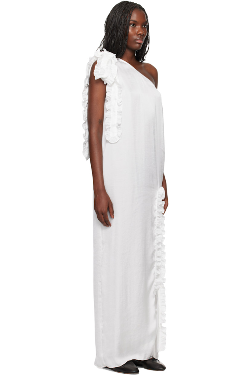 Stretch polyester satin maxi dress. Ruffles throughout.

· Single-shoulder construction
· Slit at front
· Zip closure at side seam
· Integrated scarf-style trim at shoulder

Available exclusively at SSENSE.

Supplier color: White