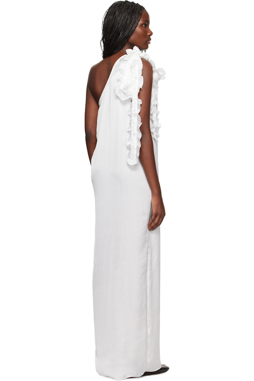 Stretch polyester satin maxi dress. Ruffles throughout.

· Single-shoulder construction
· Slit at front
· Zip closure at side seam
· Integrated scarf-style trim at shoulder

Available exclusively at SSENSE.

Supplier color: White