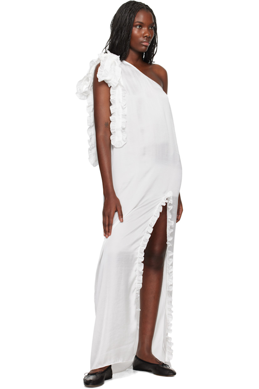 Stretch polyester satin maxi dress. Ruffles throughout.

· Single-shoulder construction
· Slit at front
· Zip closure at side seam
· Integrated scarf-style trim at shoulder

Available exclusively at SSENSE.

Supplier color: White