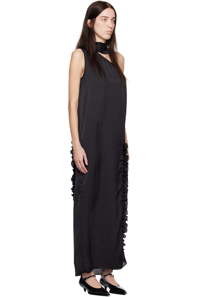 Stretch polyester satin maxi dress. Ruffles throughout.

· Single-shoulder construction
· Slit at front hem
· Concealed zip closure at side seam
· Integrated scarf-style trim at shoulder
· Unlined

Available exclusively on SSENSE. 

Supplier color: Black