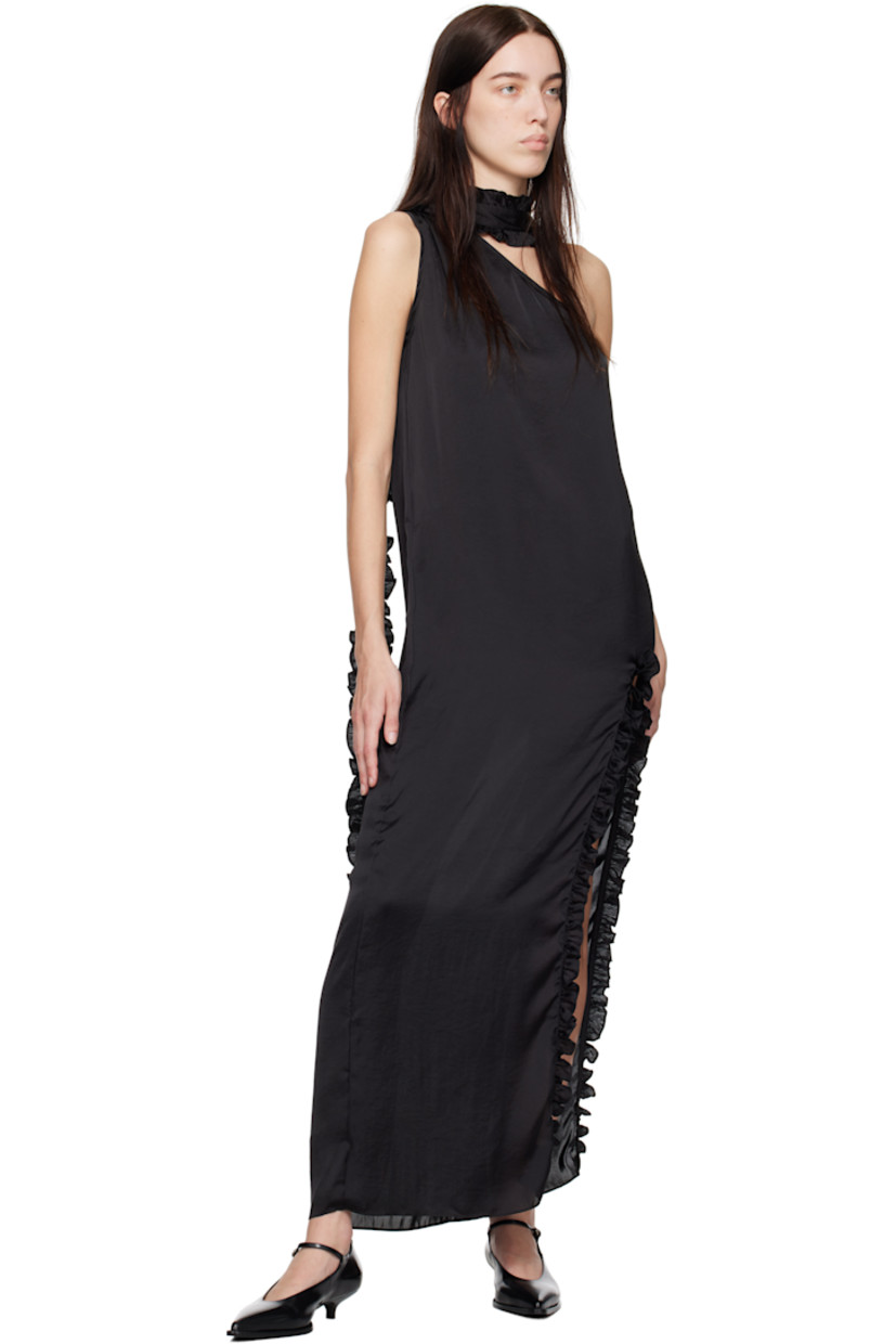 Stretch polyester satin maxi dress. Ruffles throughout.

· Single-shoulder construction
· Slit at front hem
· Concealed zip closure at side seam
· Integrated scarf-style trim at shoulder
· Unlined

Available exclusively on SSENSE. 

Supplier color: Black